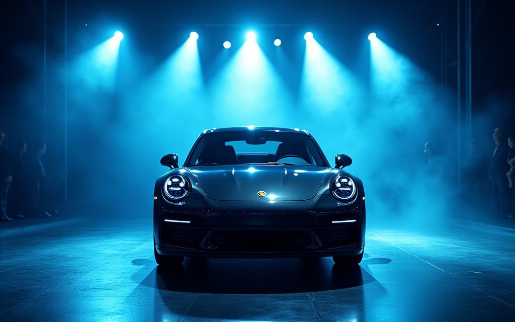A new car being unveiled on a brightly lit stage