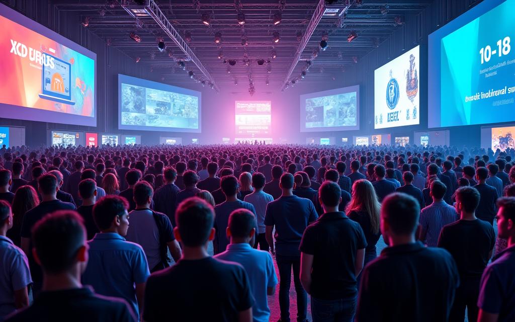 Attendees at a large tech summit event