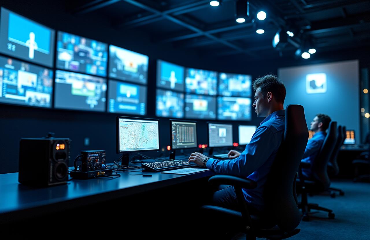 Event control room, demonstrating multi-camera live broadcast setup