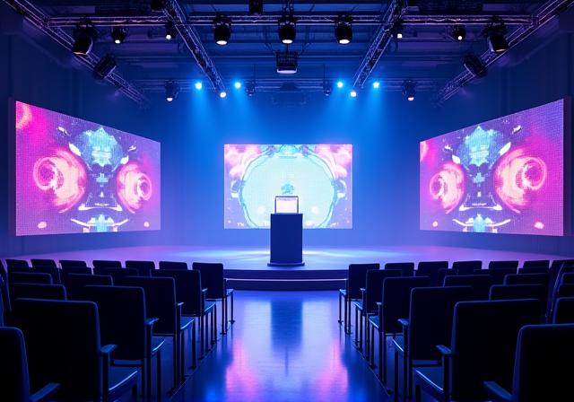 Corporate event stage with lighting and monitors