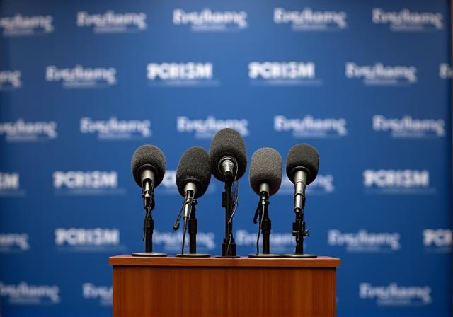 Press conference with microphones and branding